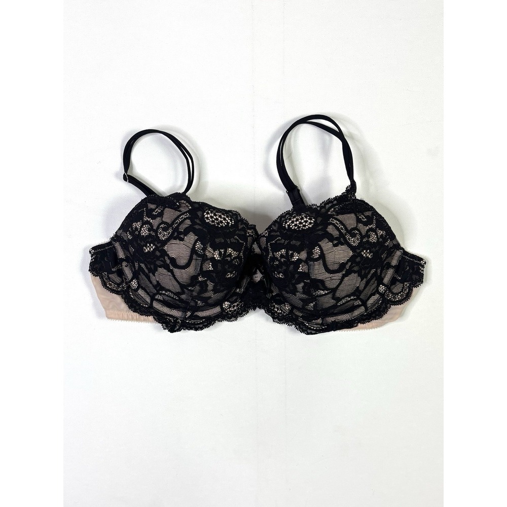 Victoria's Secret Balconet Bra Women's 36C Black Lace Nude Mesh Underwire Padded
